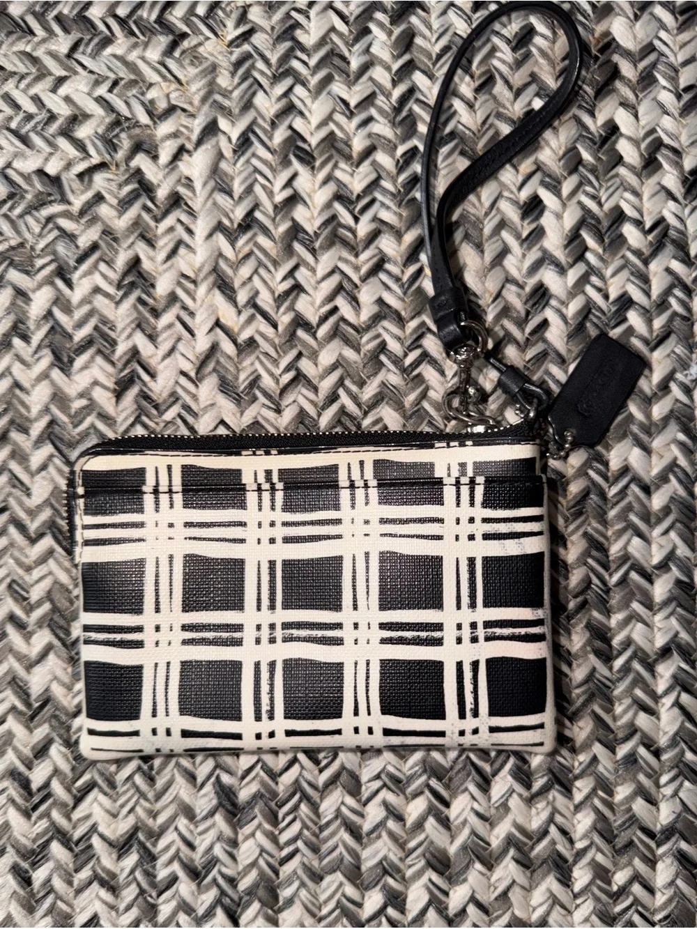 Coach Black & White Plaid Corner Zip Wristlet Wallet